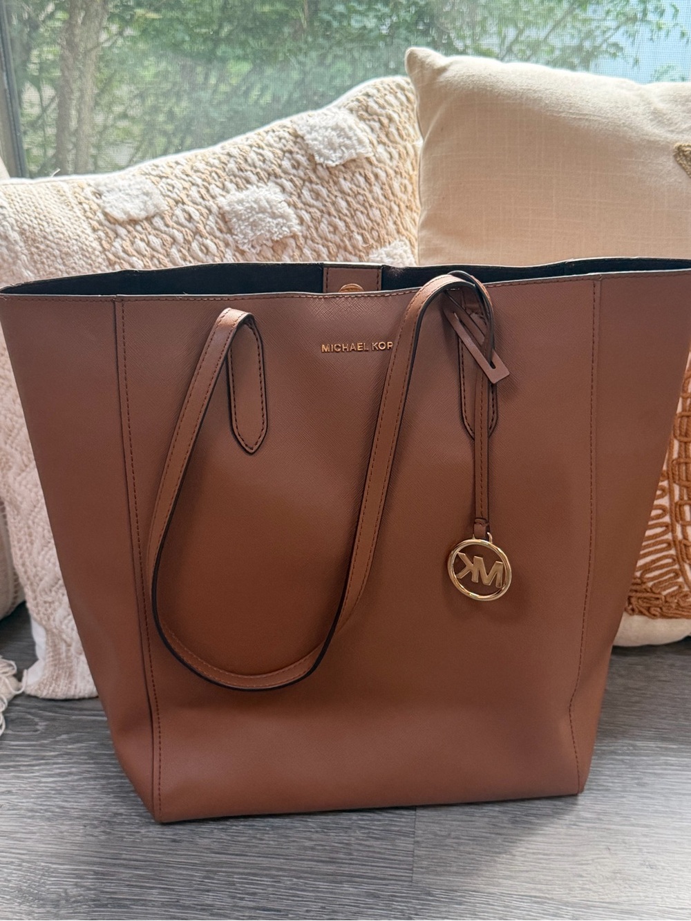 Michael Kors Cognac Leather Tote with Gold Logo Charm